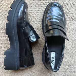 Zara Glossy Black Platform Penny Loafers